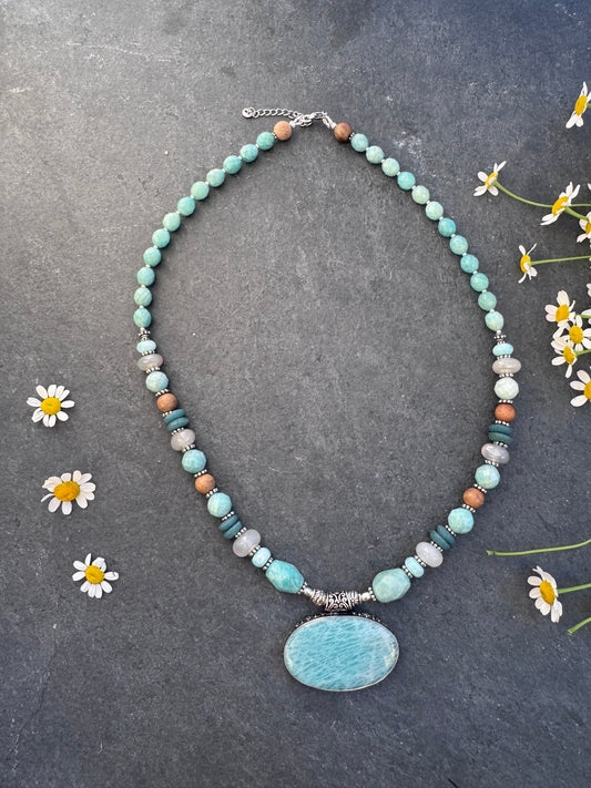 Amazonite, moonstone, wood, Java glass, silver metal, necklace