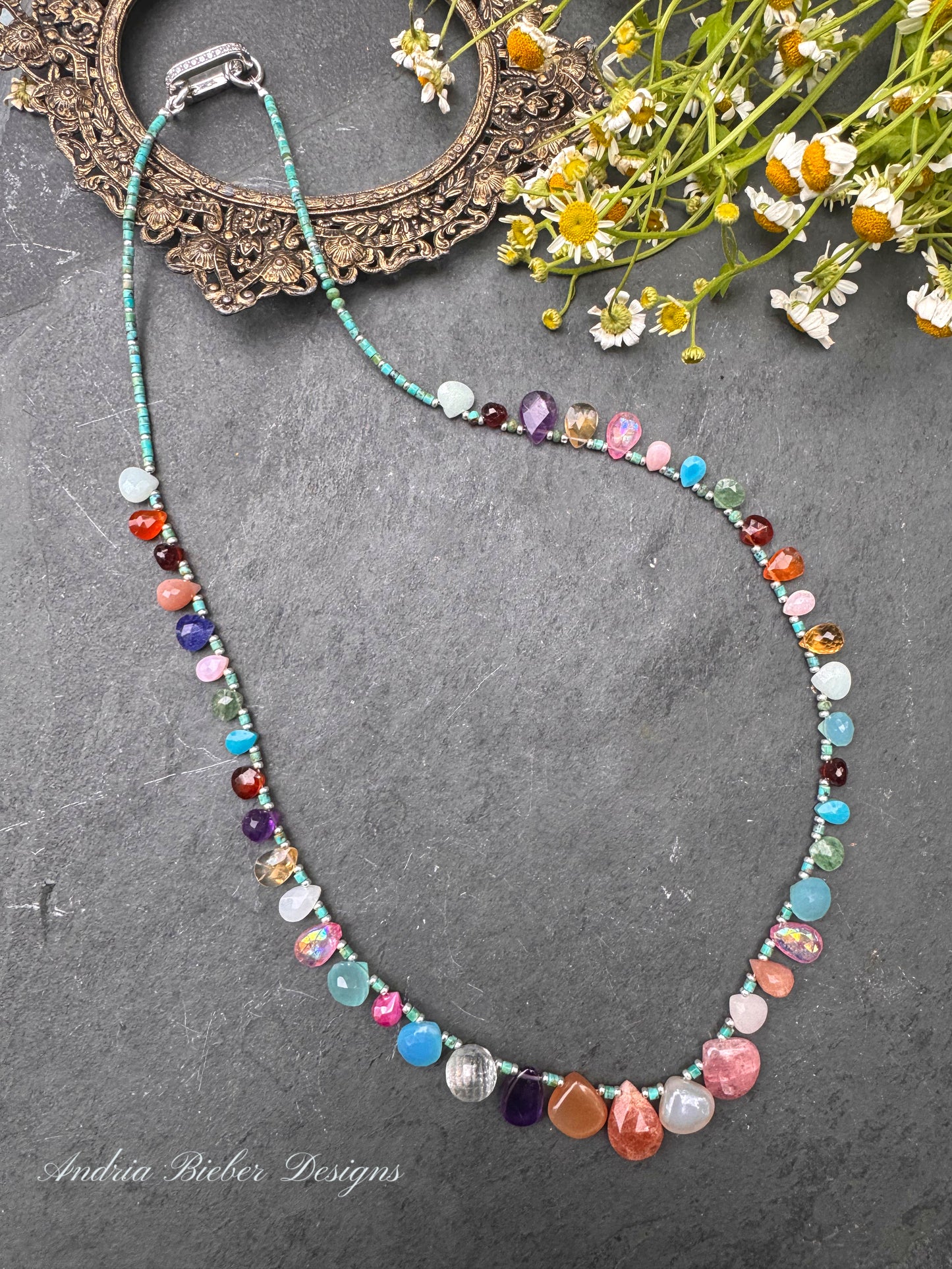 Mixed gemstone teardrop and briolette beads with Hubei Turquoise and silver rhinestone clasp, necklace .