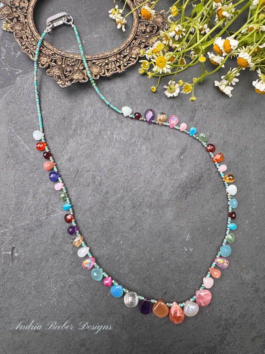 Mixed gemstone teardrop and briolette beads with Hubei Turquoise and silver rhinestone clasp, necklace .