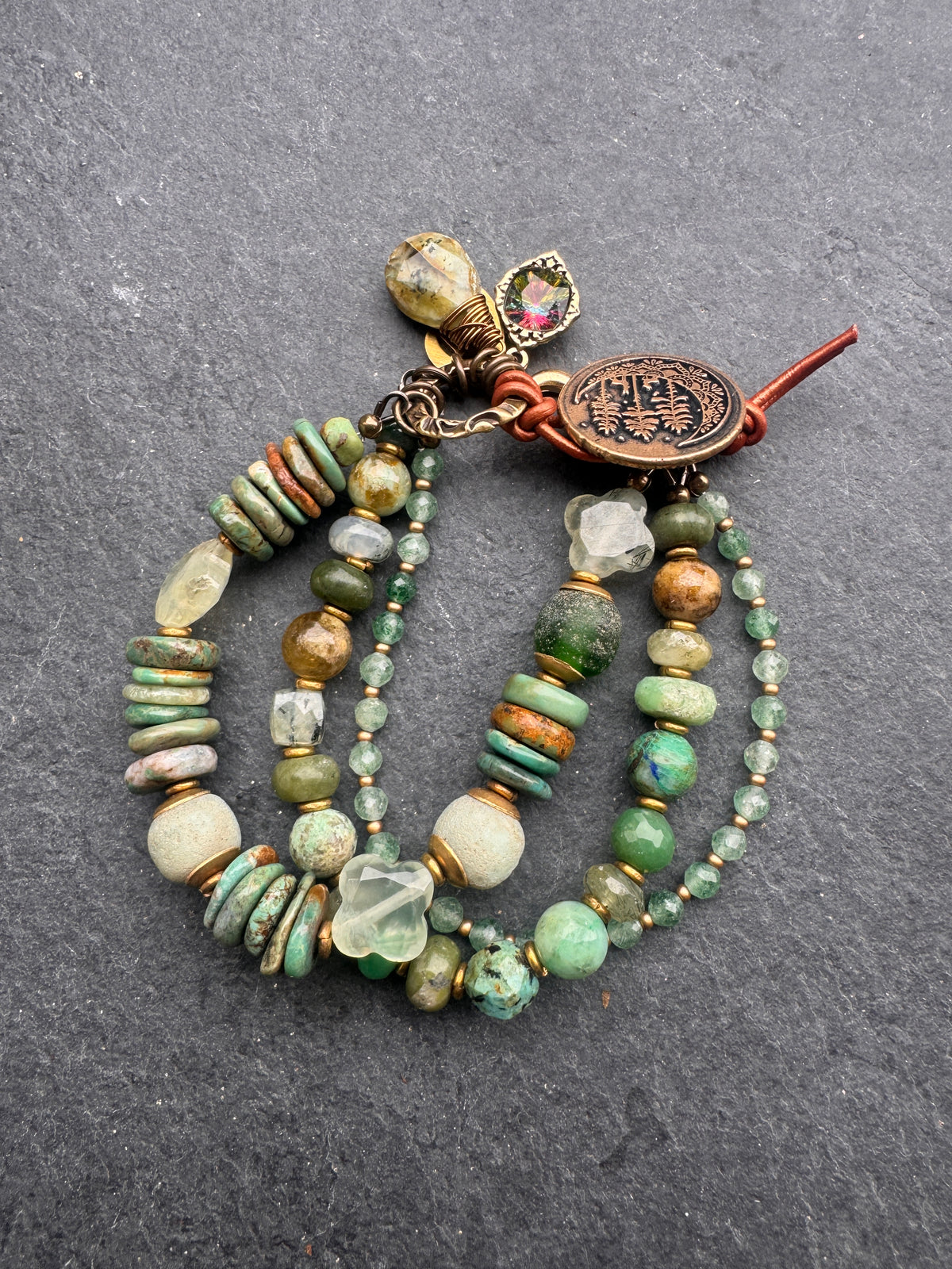 Trees. Prehnite, hubei turquoise, green garnet, green kyanite, handmade tree bronze metal button, bracelet.