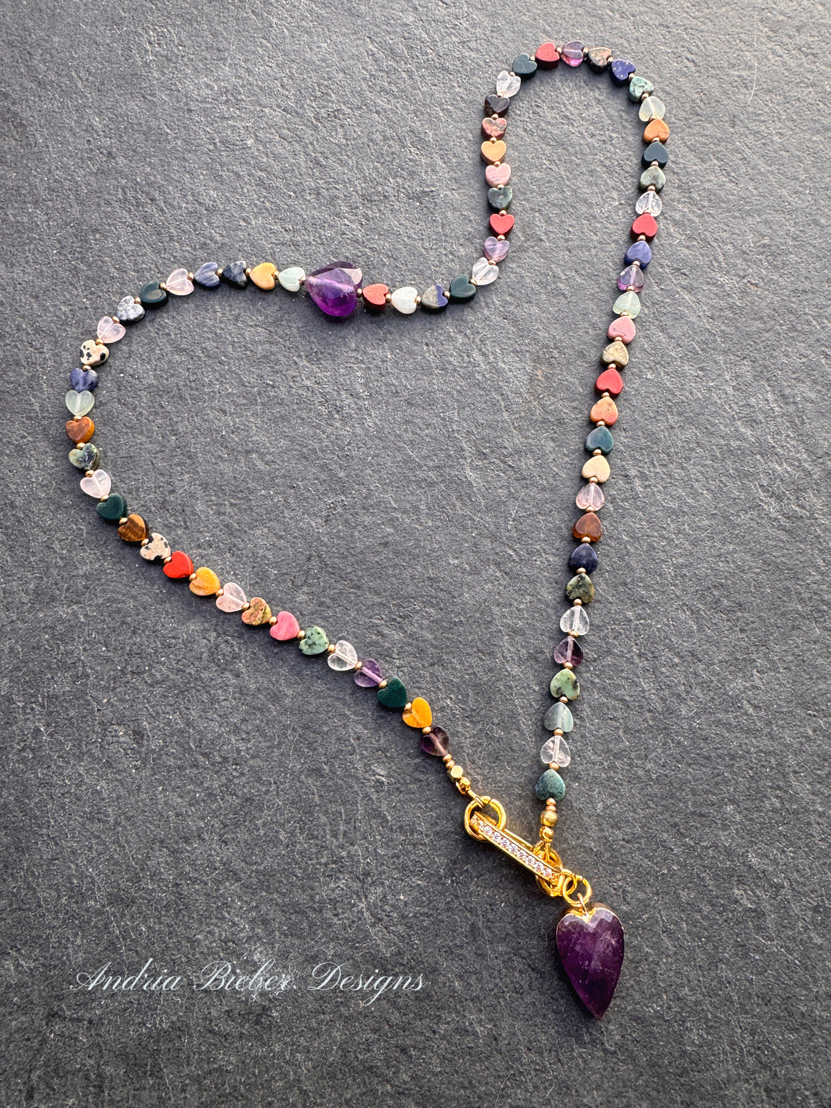 Mixed gemstone hearts, amethyst stone pendant, rhinestone clasp, necklace