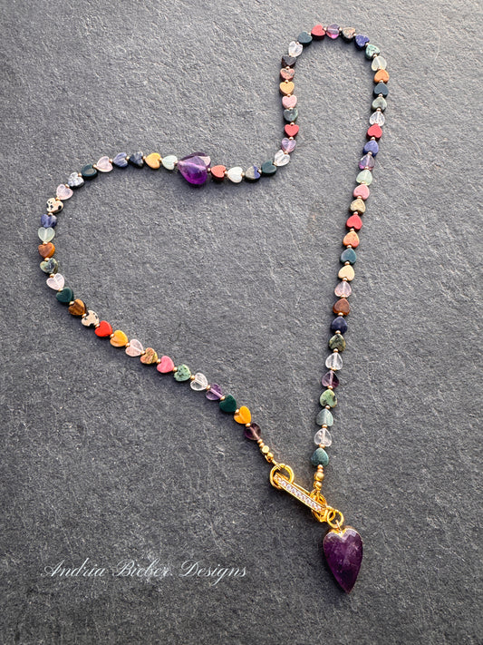 Mixed gemstone hearts, amethyst stone pendant, rhinestone clasp, necklace