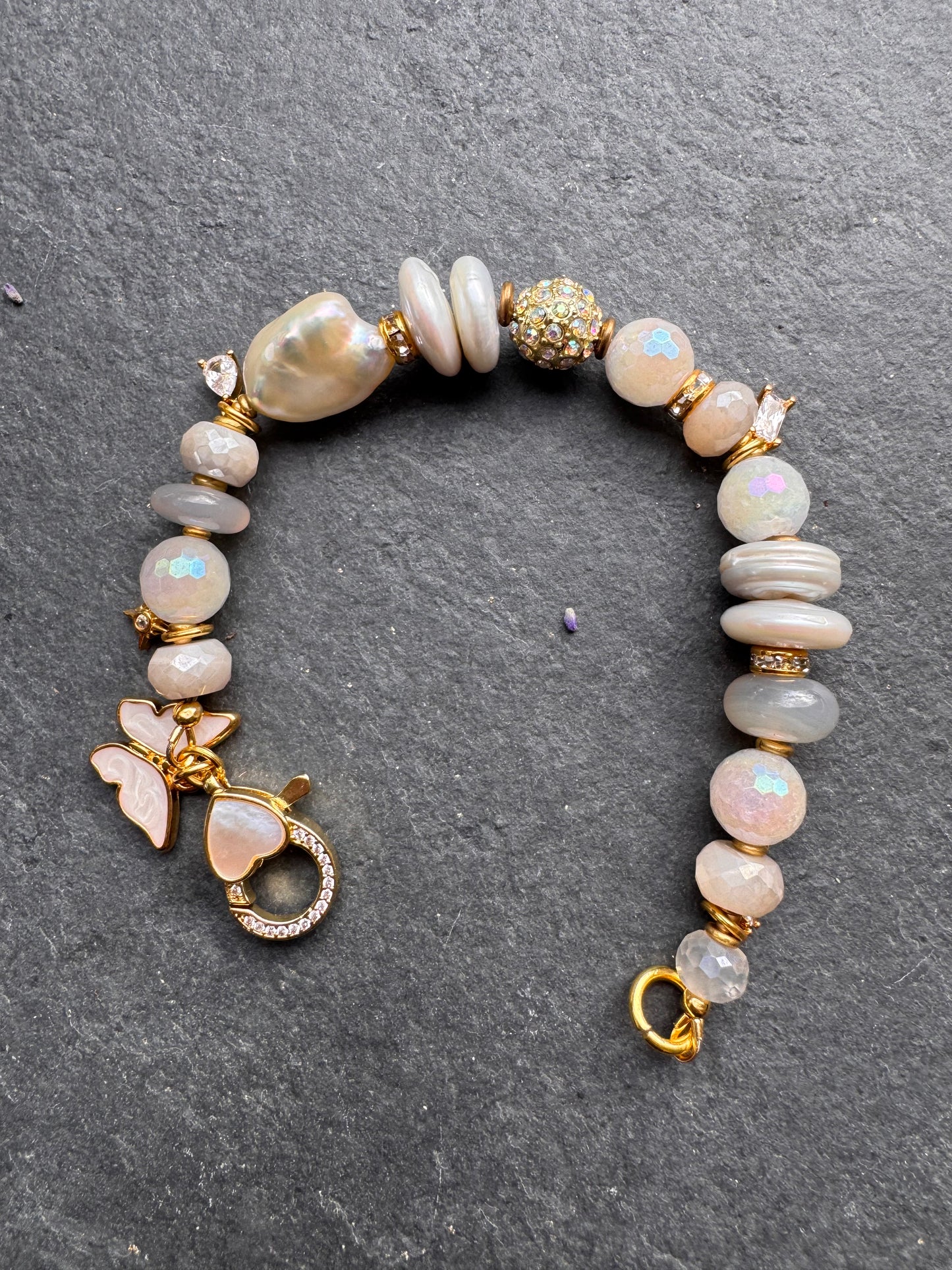 Freshwater AAA white Pearls, AB moonstone, rhinestone, gold metal, bracelet