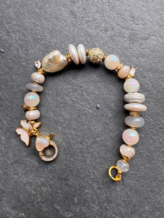 Freshwater AAA white Pearls, AB moonstone, rhinestone, gold metal, bracelet