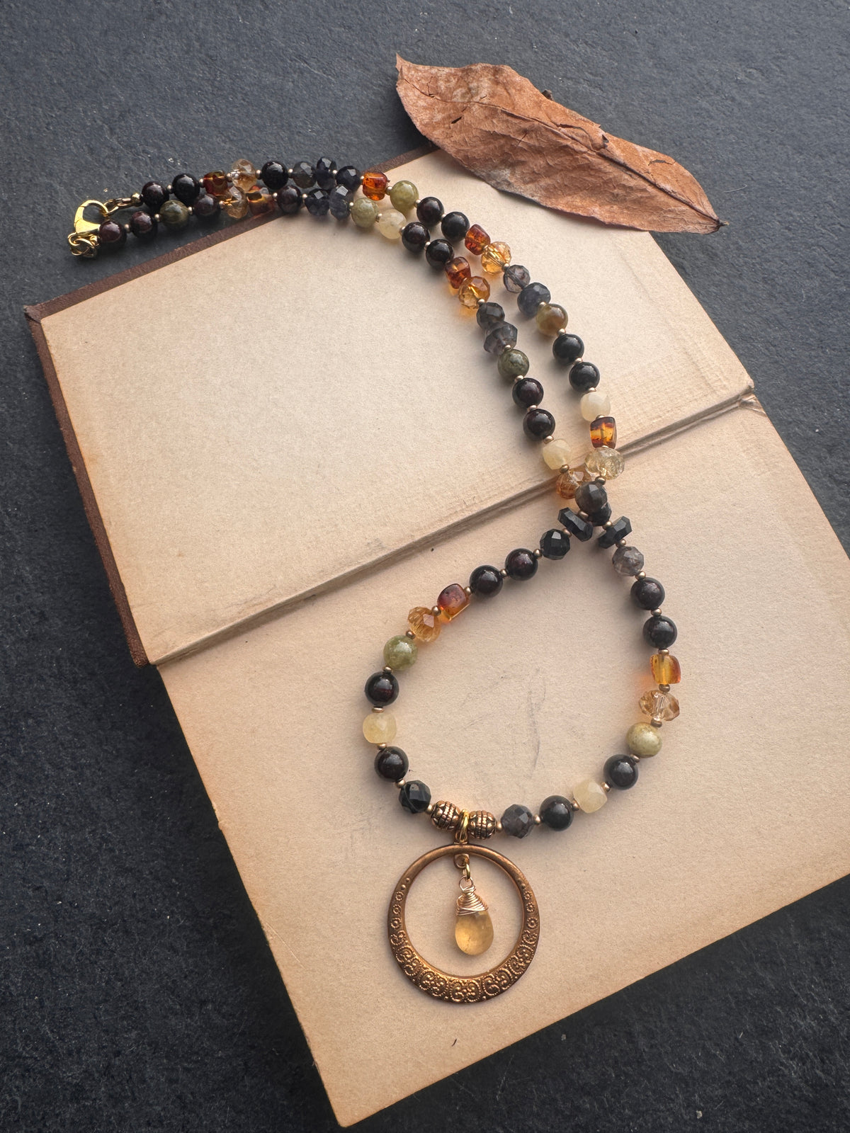 Garnet, green garnet, ioilite, citrine, amber, brass metal, necklace. Fall jewelry.