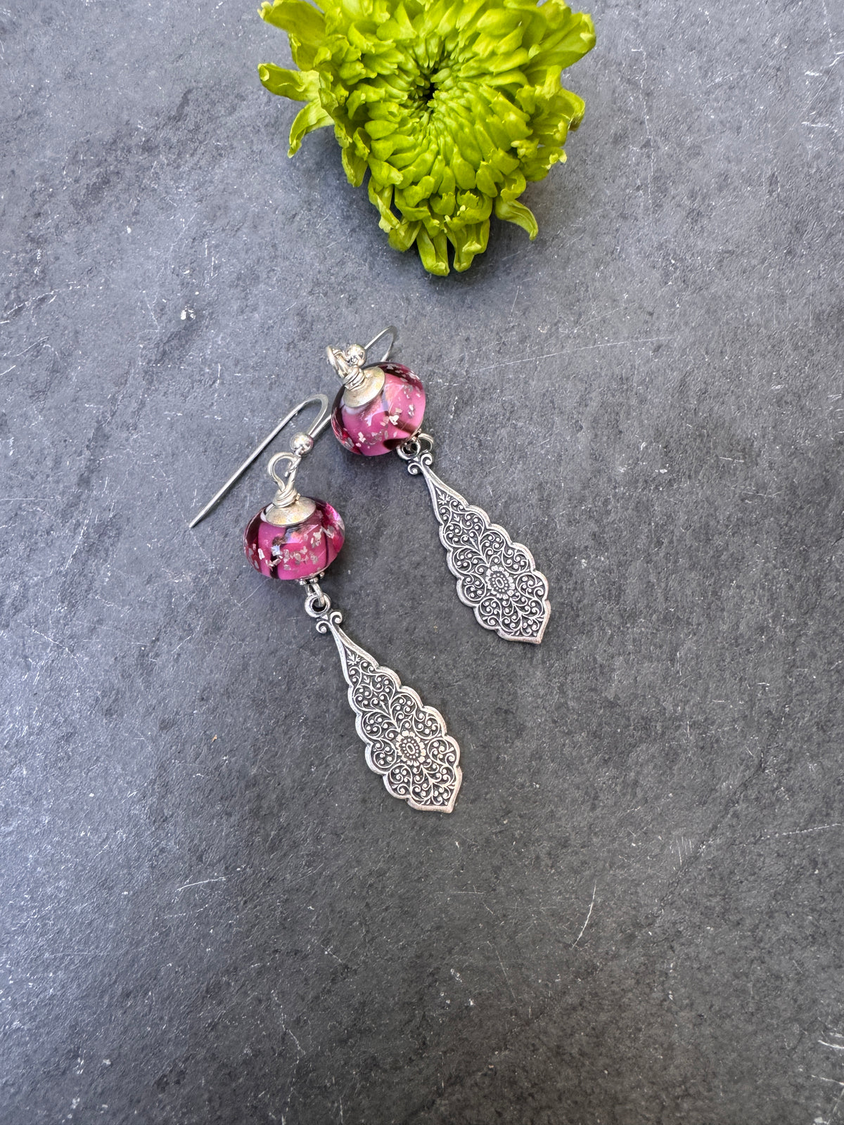 Handmade lampwork glass in pink and black, silver filigree drop, earrings.
