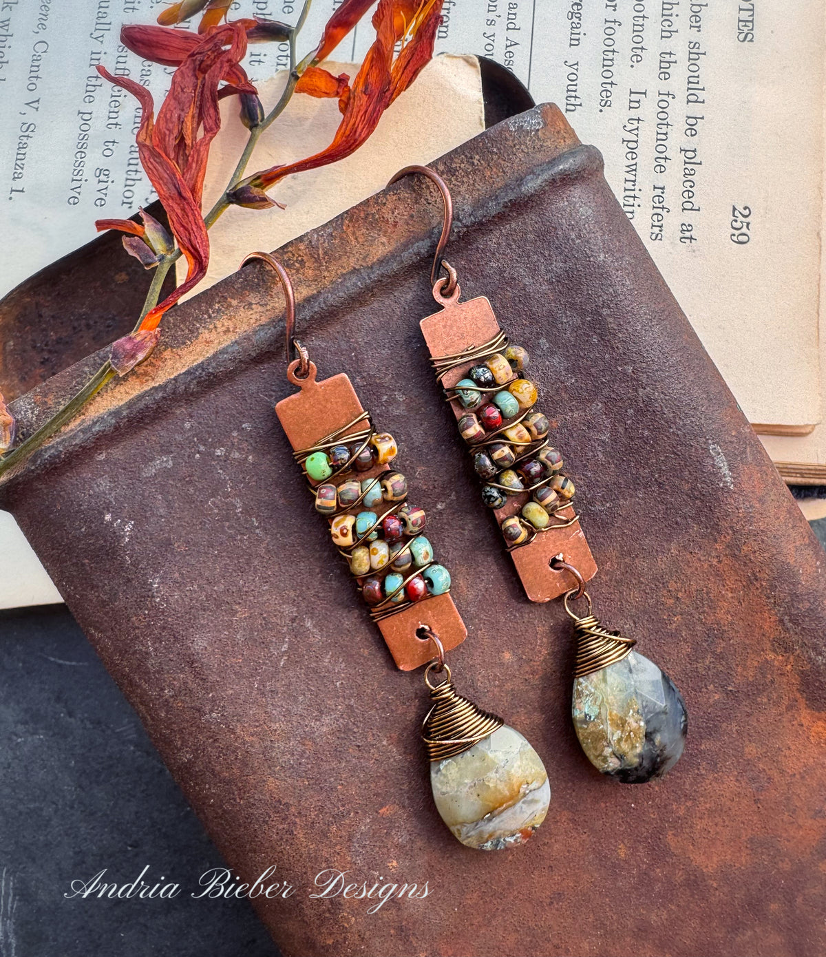 Genstone drops, Czech glass, copper metal, earrings