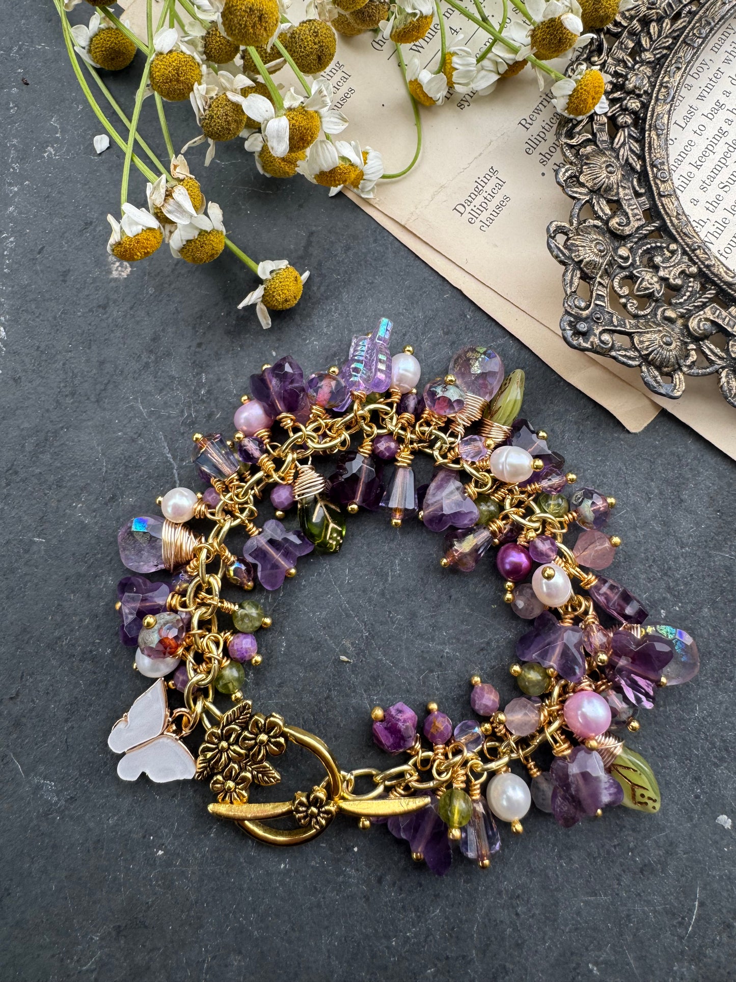 Amethyst, pearls, Czech glass, gold metal, butterfly bracelet.