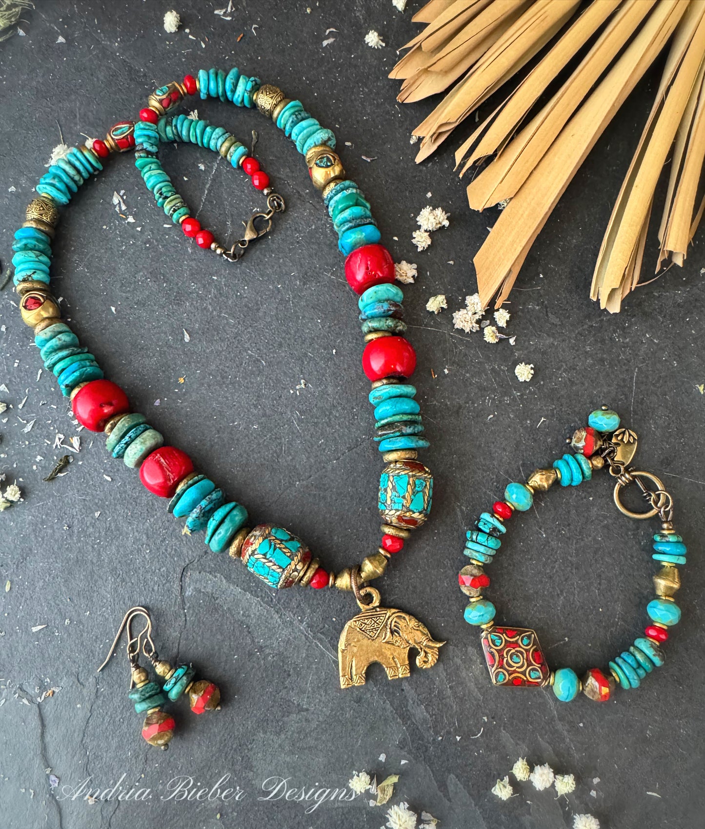 Turquoise stone, nepal inlaid beads, african brass, necklace, jewelry
