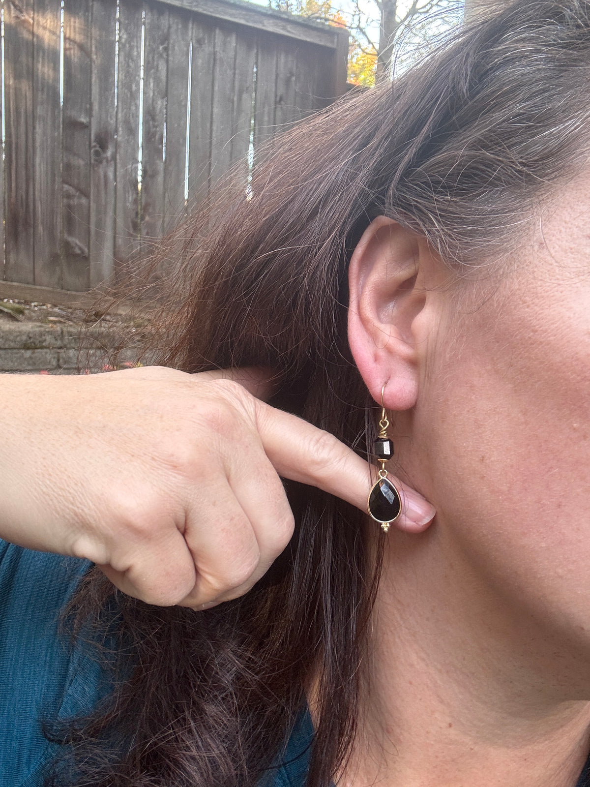 Black onyx, black tourmaline, gold metal, drop, earrings