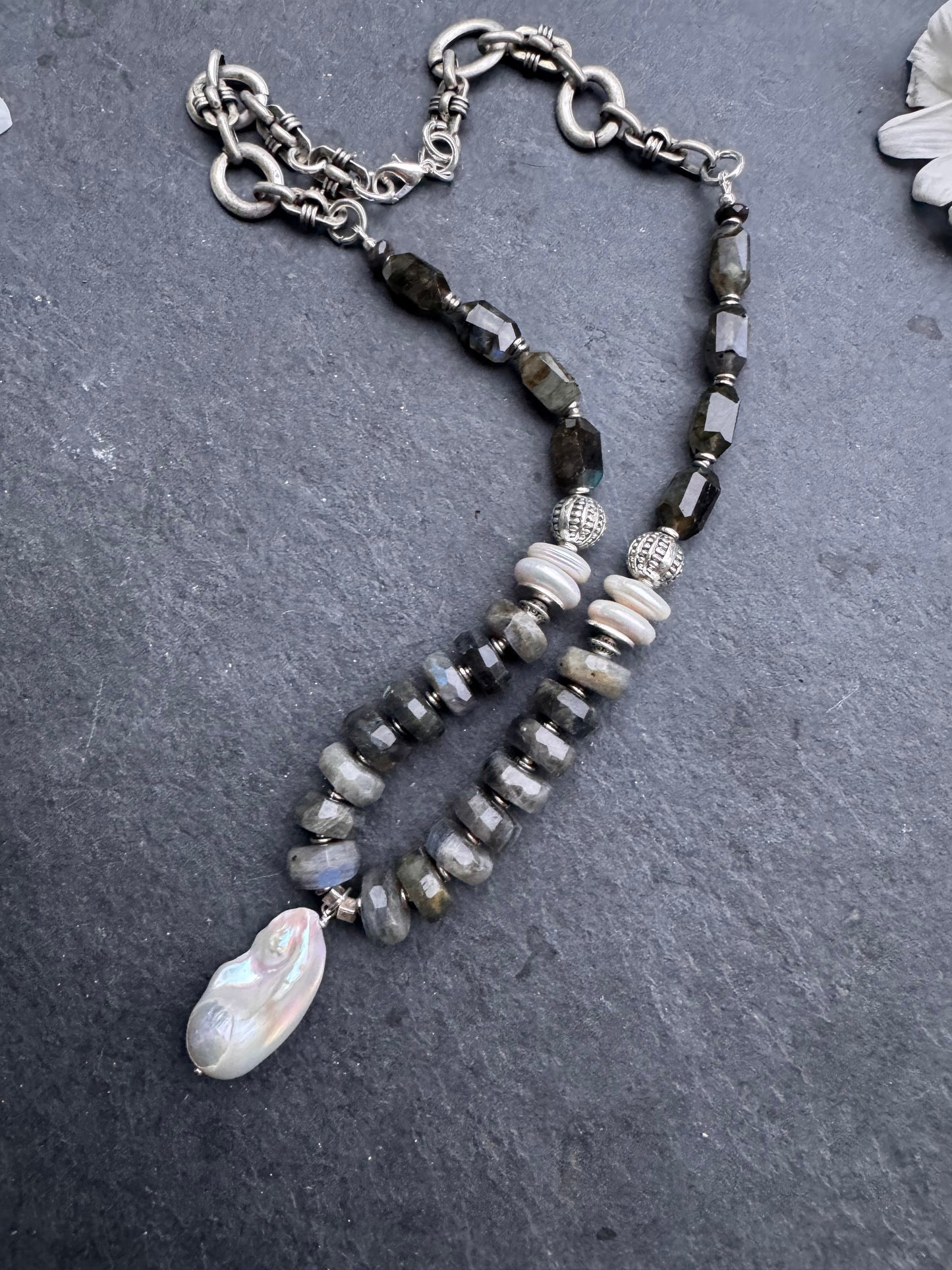 Labradorite, baroque pearl, pewter, silver metal, necklace.