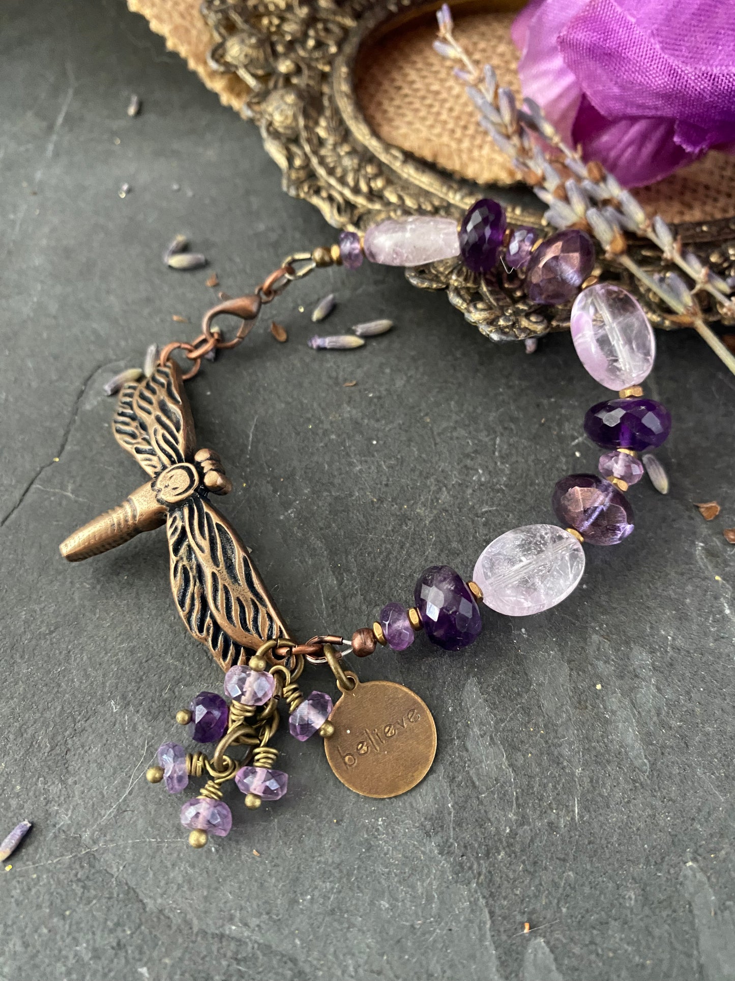 Bronze dragonfly cuff, amethyst stone, bronze metal bracelet.