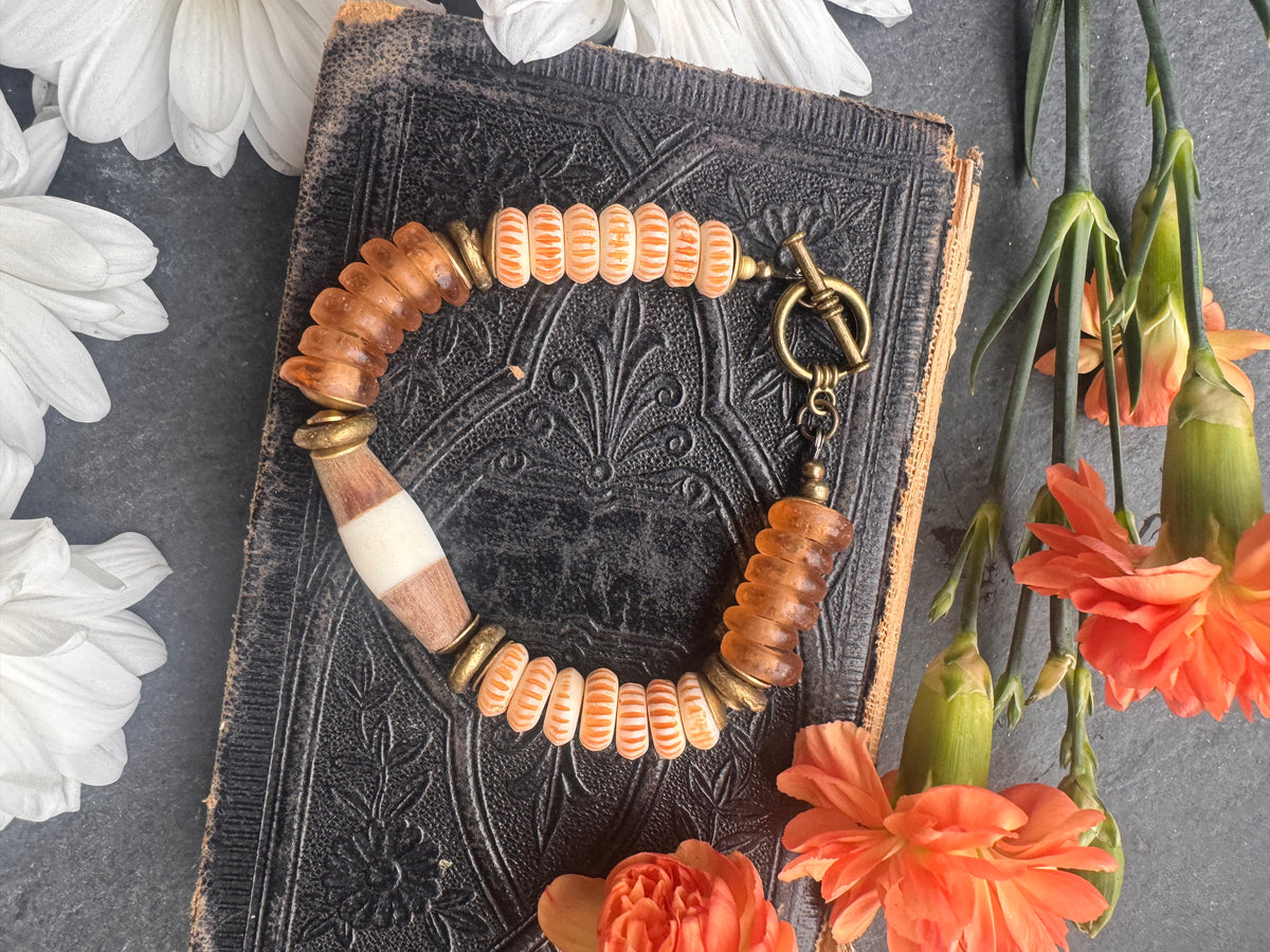 African glass, wood, bone and brass metal, bracelet