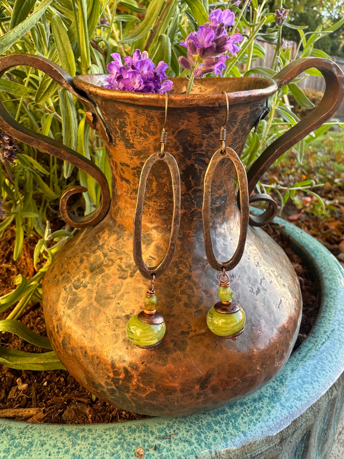 Olive green, Handmade lamp work Glass, bronze metal , earrings