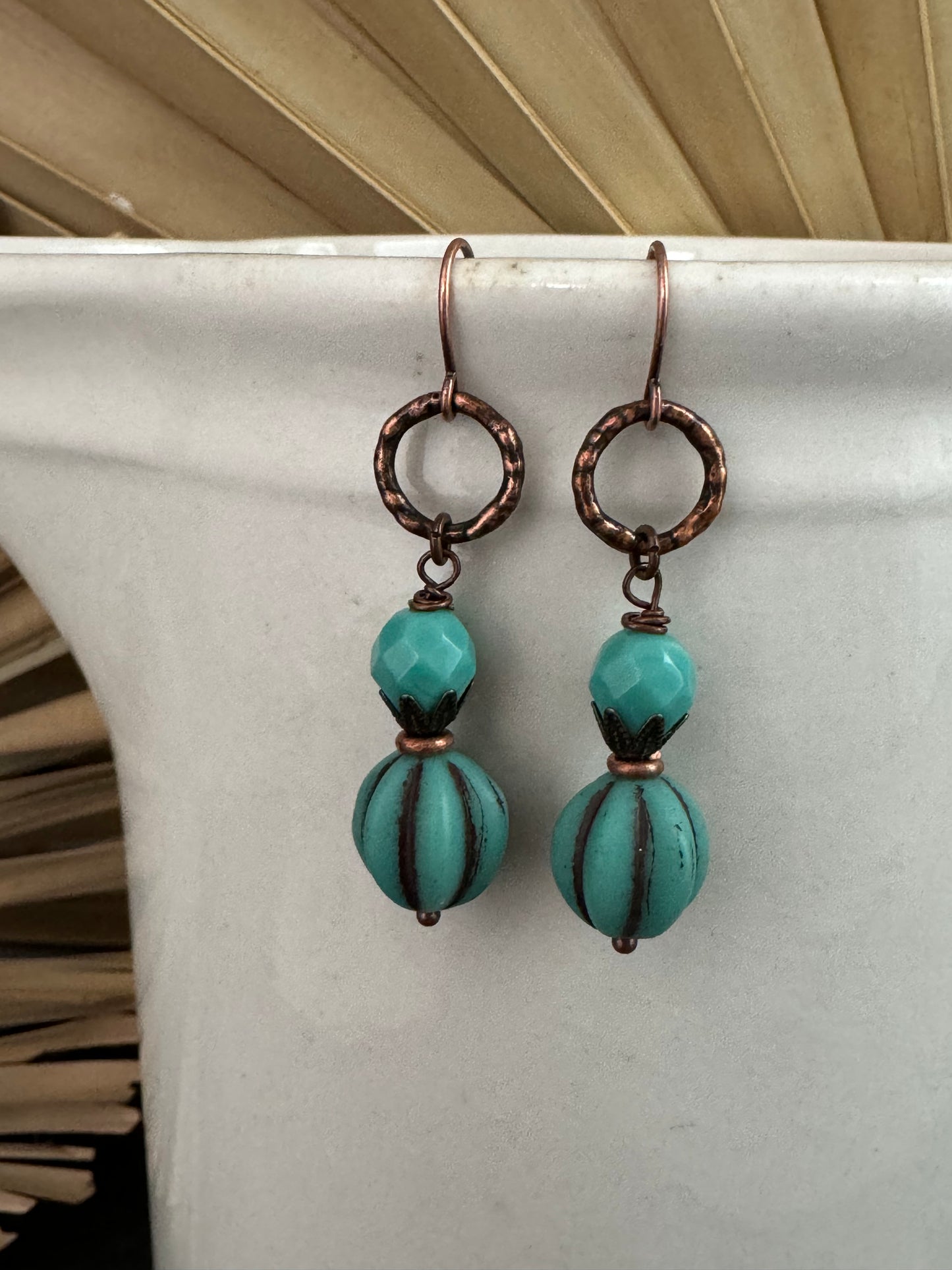 Turquoise Czech glass, hammered copper metal, earrings