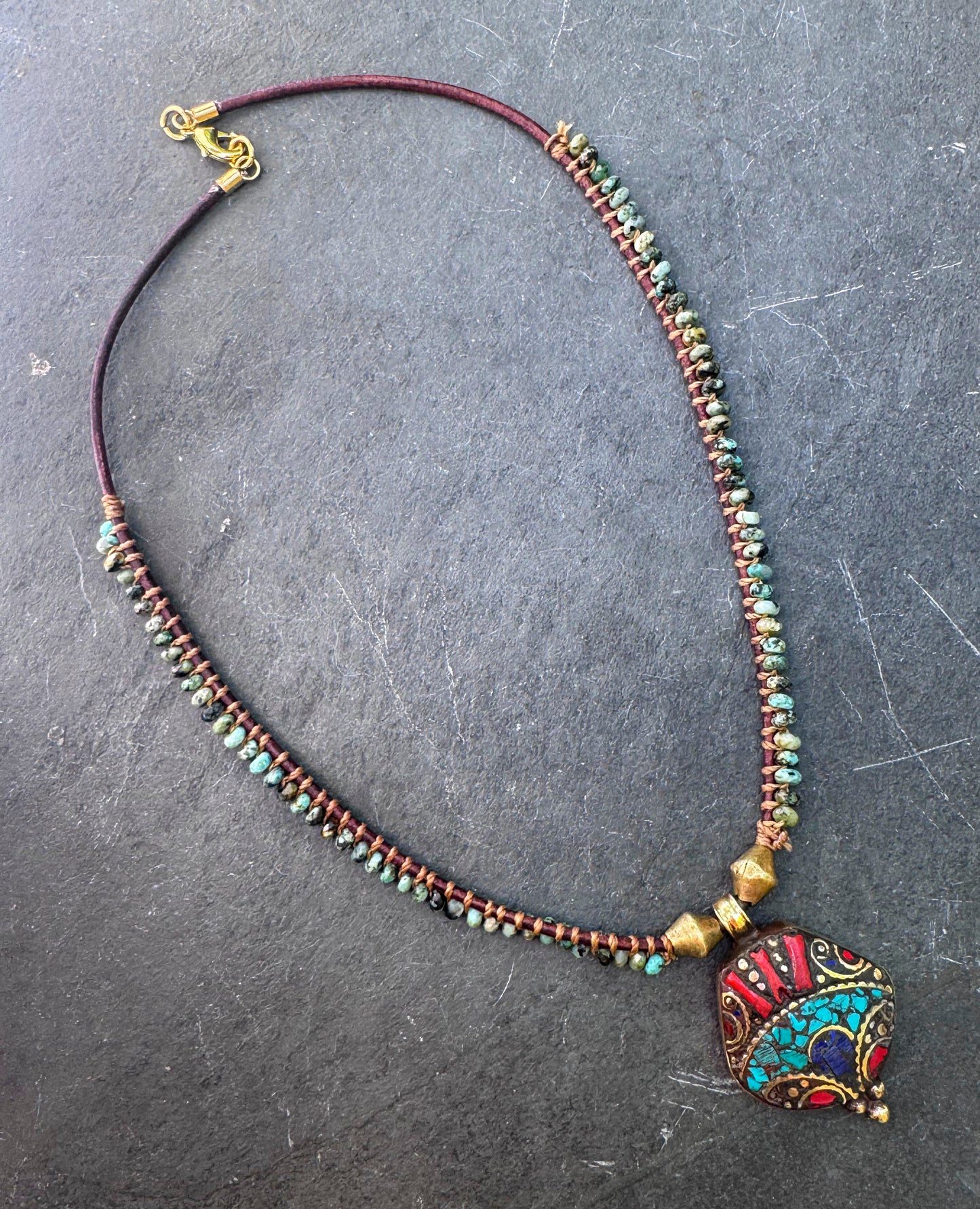Turquoise, leather, Nepal pendant, necklace