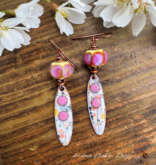 Enamel charm in glass and copper metal, lampwork glass, earrings
