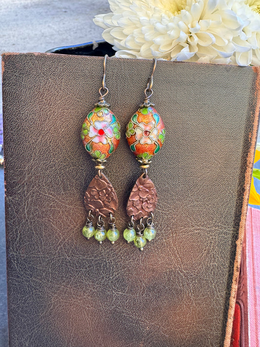 Green flowers. cloisonné, peridot stone, Vintaj brass metal, earrings