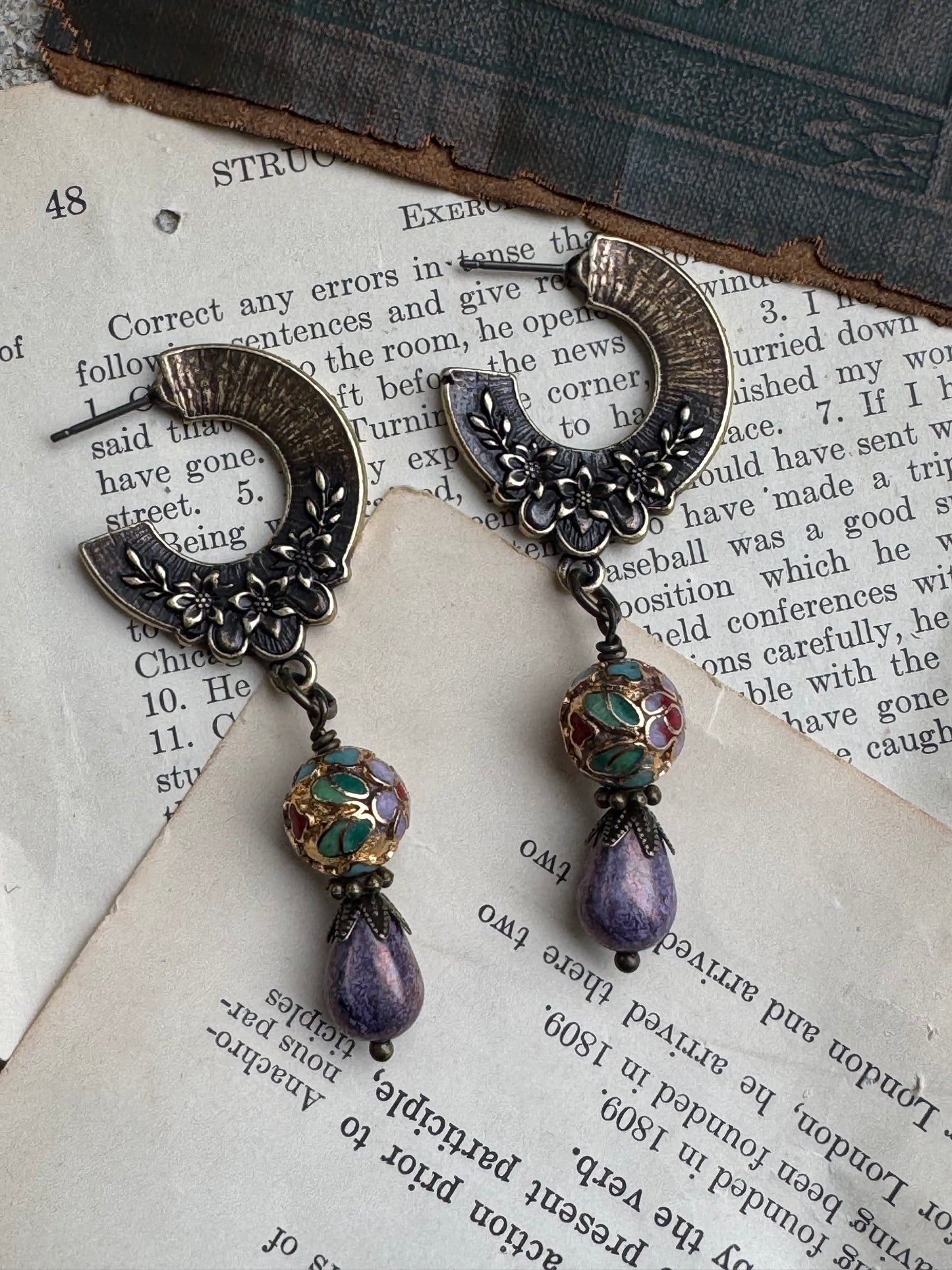 Brass flower charms, Cloisonné beads, purple Czech glass, earrings