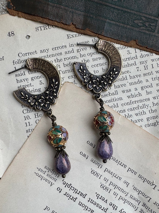 Brass flower charms, Cloisonné beads, purple Czech glass, earrings