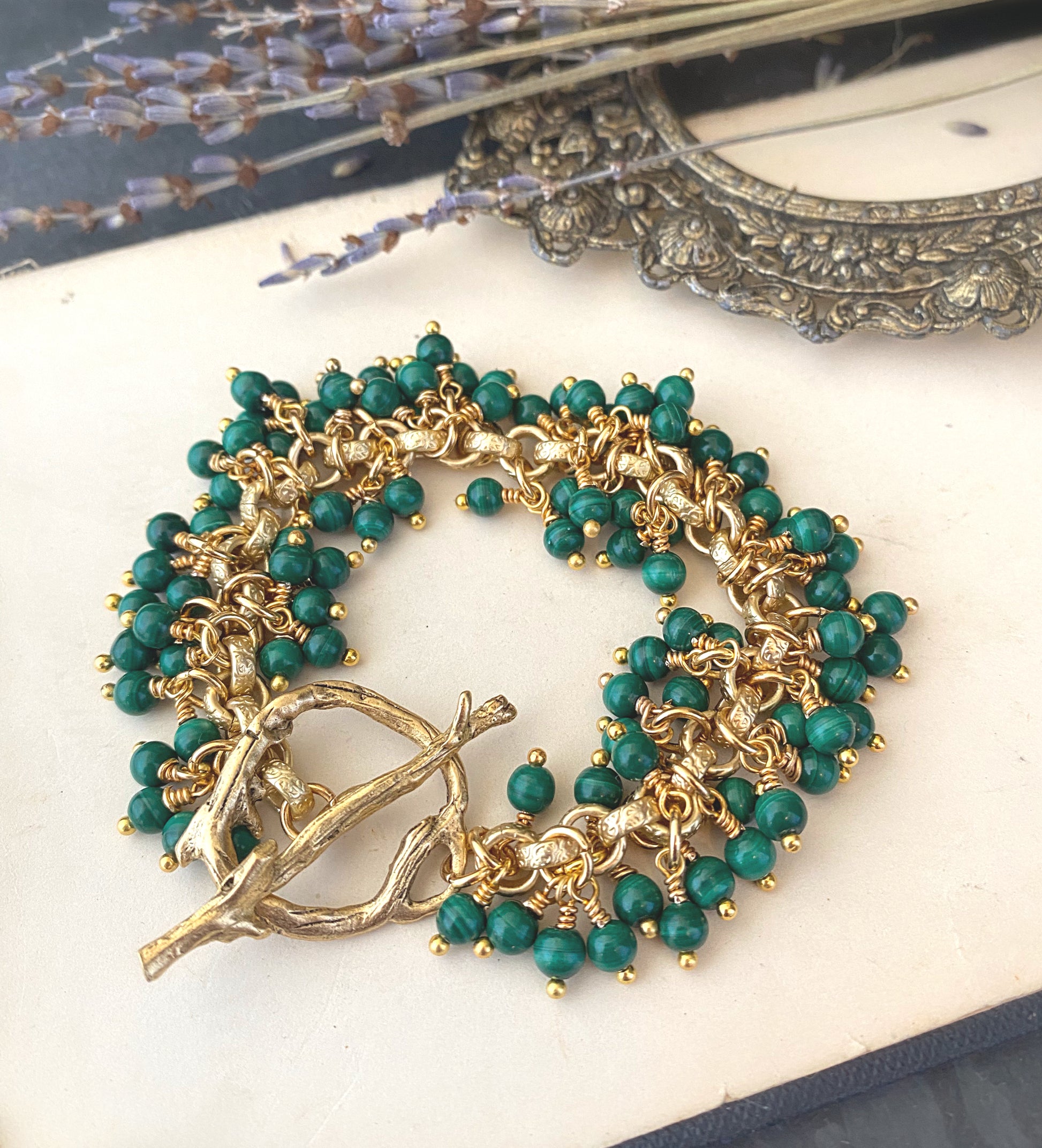 Genuine Green malachite gemstone and gold metal bracelet. - Andria Bieber Designs 