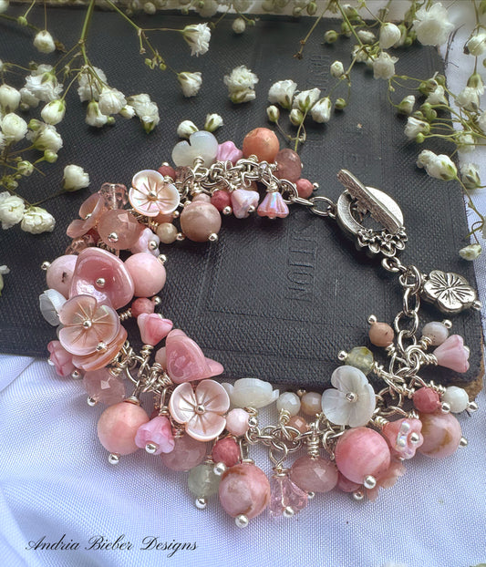 Pink opal, pink shell blossoms, rose quartz, peridot, sterling silver metal, blossom clasp, bracelet. KIT.