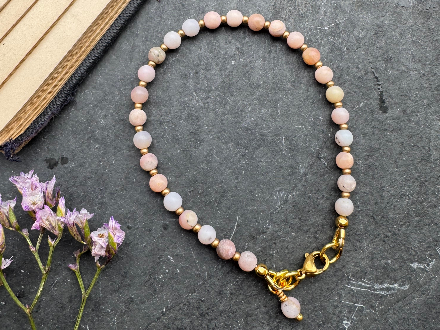 Pink opal round stone, gold metal, bracelet