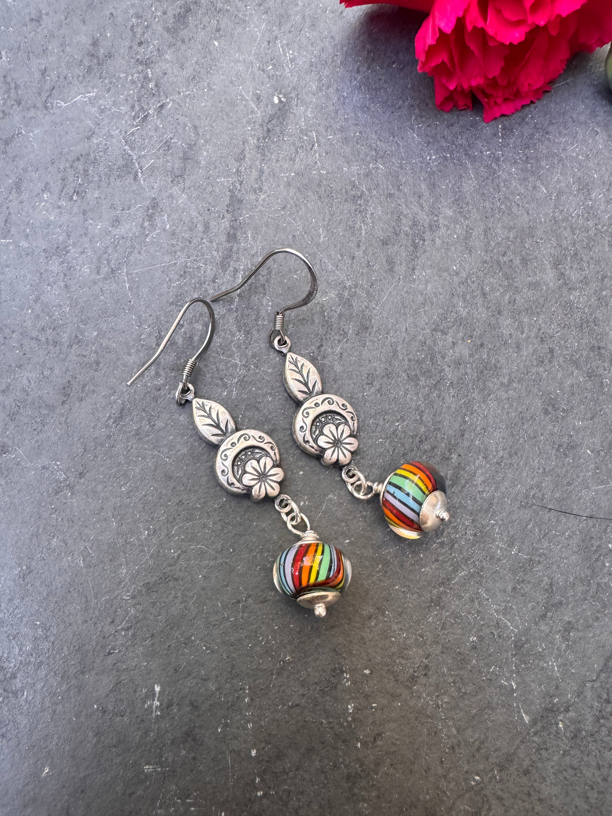 Handmade lampwork glass in rainbows, silver filigree drop, earrings.