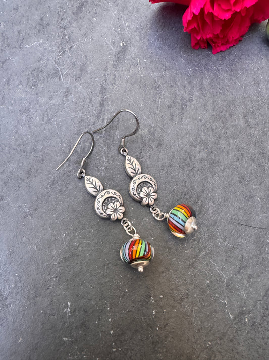 Handmade lampwork glass in rainbows, silver filigree drop, earrings.
