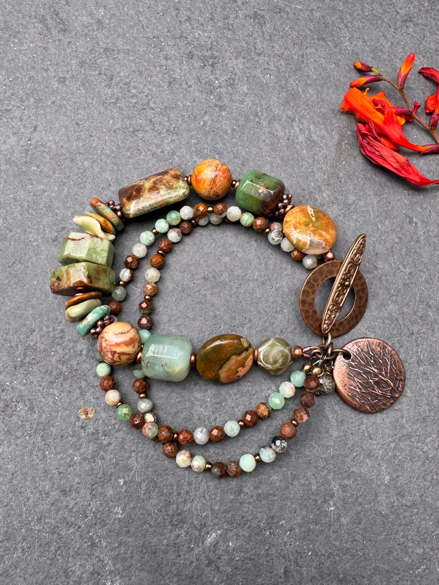 Green opal, Australian Chrysoprase, turquoise, copper metal, bracelet.