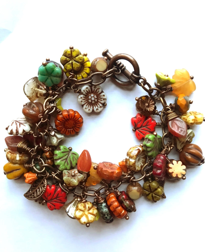 MTO- Autumn leaves. Mixed gemstone, Czech glass, bronze metal, charm bracelet. - Andria Bieber Designs 