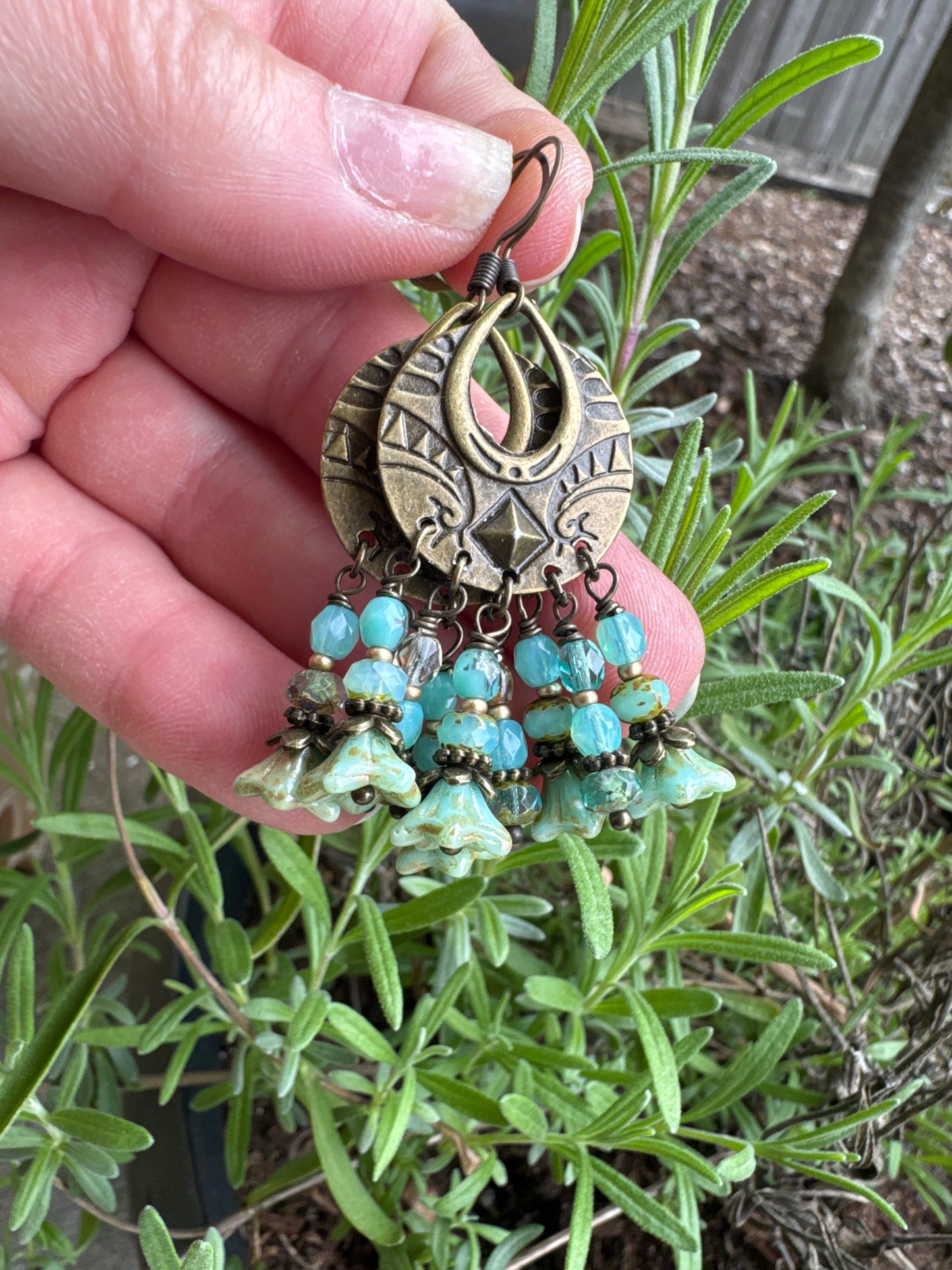 Teal Czech glass, bronze, boho, earrings