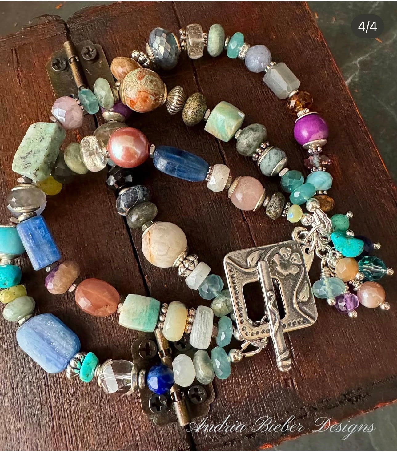 Mixed stone, multi strand, silver metal, bracelet