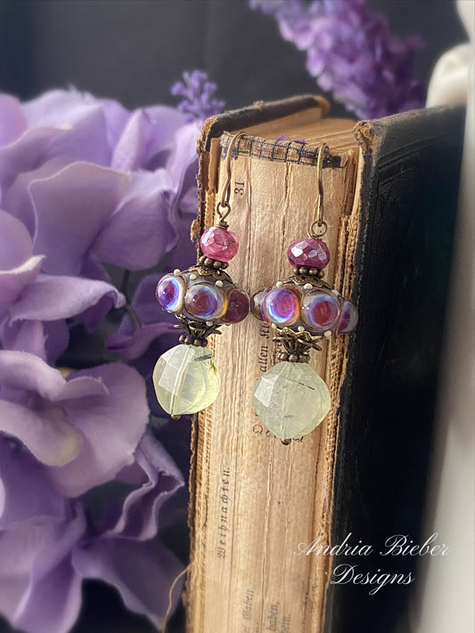 Lampwork glass, Prehnite stone, pink monstone, bronze metal earrings, jewelry.