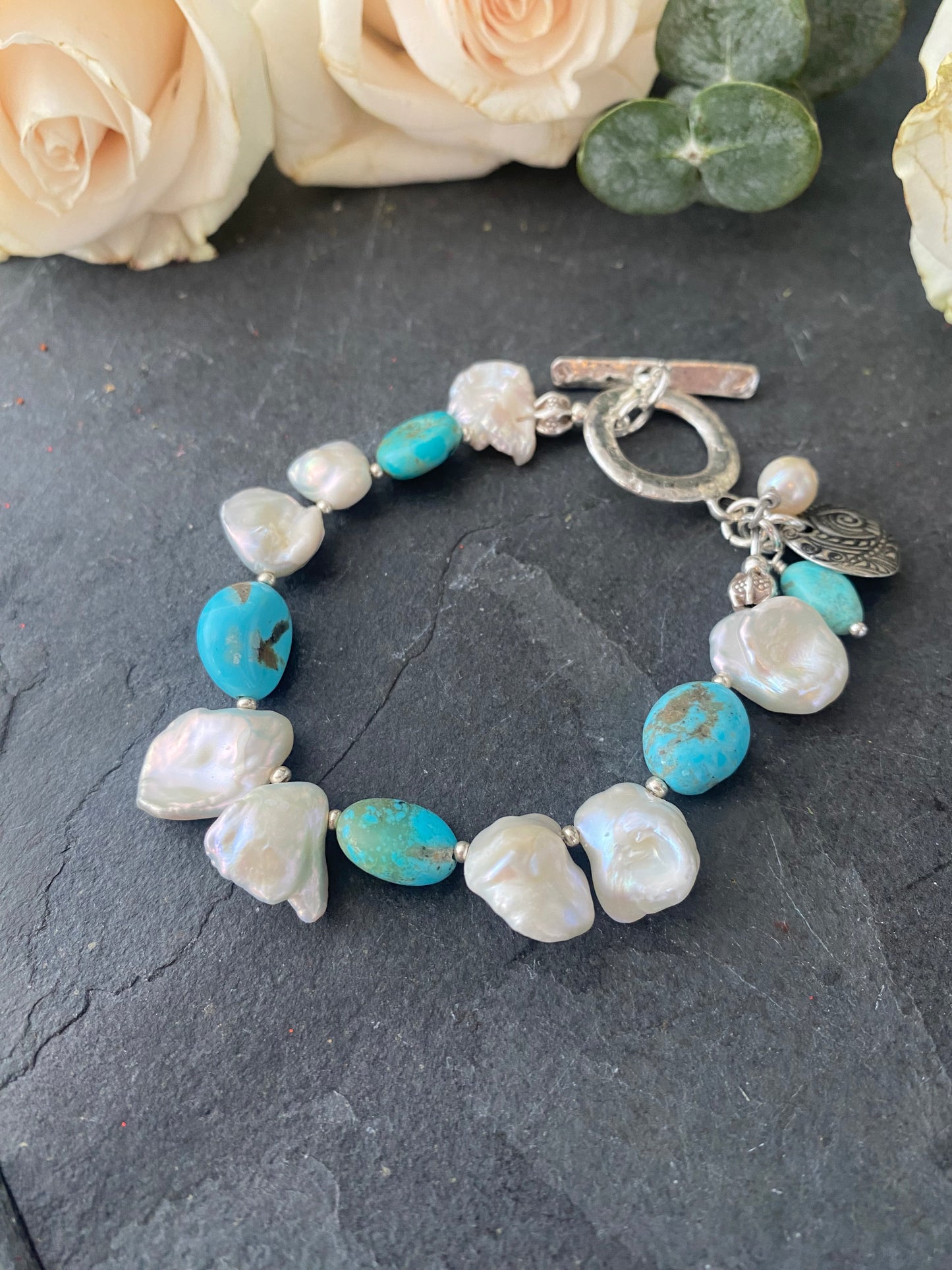 White Baroque Pearl Beads, Natural Freshwater, Kingman turquoise stone, tribe hill sterling silver, bracelet