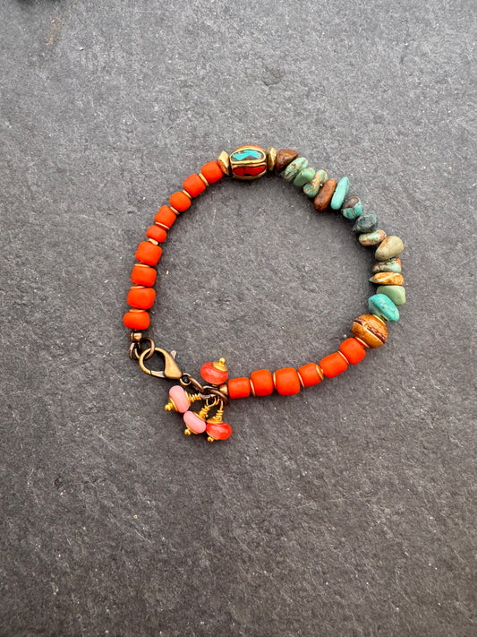 Turquoise, African glass, brass metal bracelet.