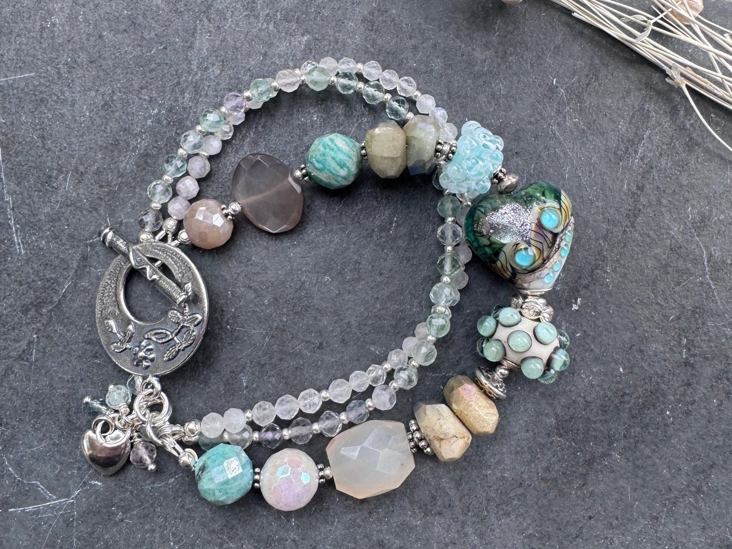 lampwork glass, amazonite , moonstone, fluorite, chalcedony, silver metal, bracelet