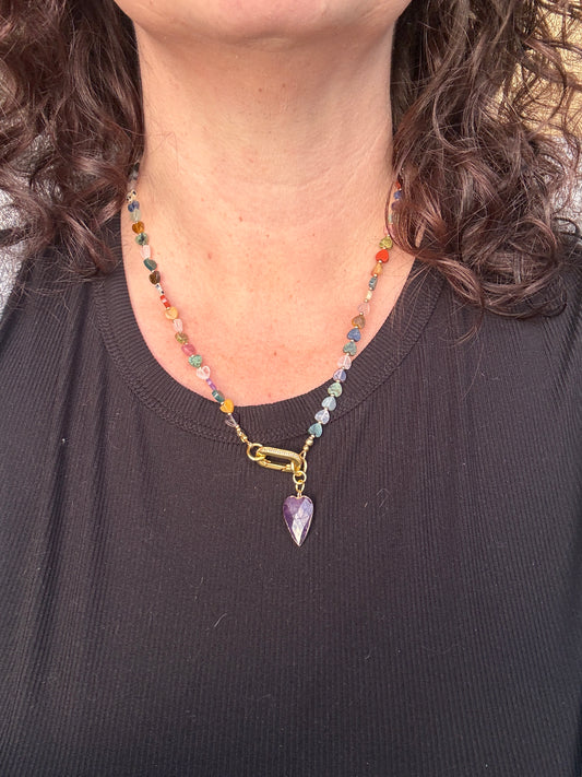 Mixed gemstone hearts, amethyst stone pendant, rhinestone clasp, necklace