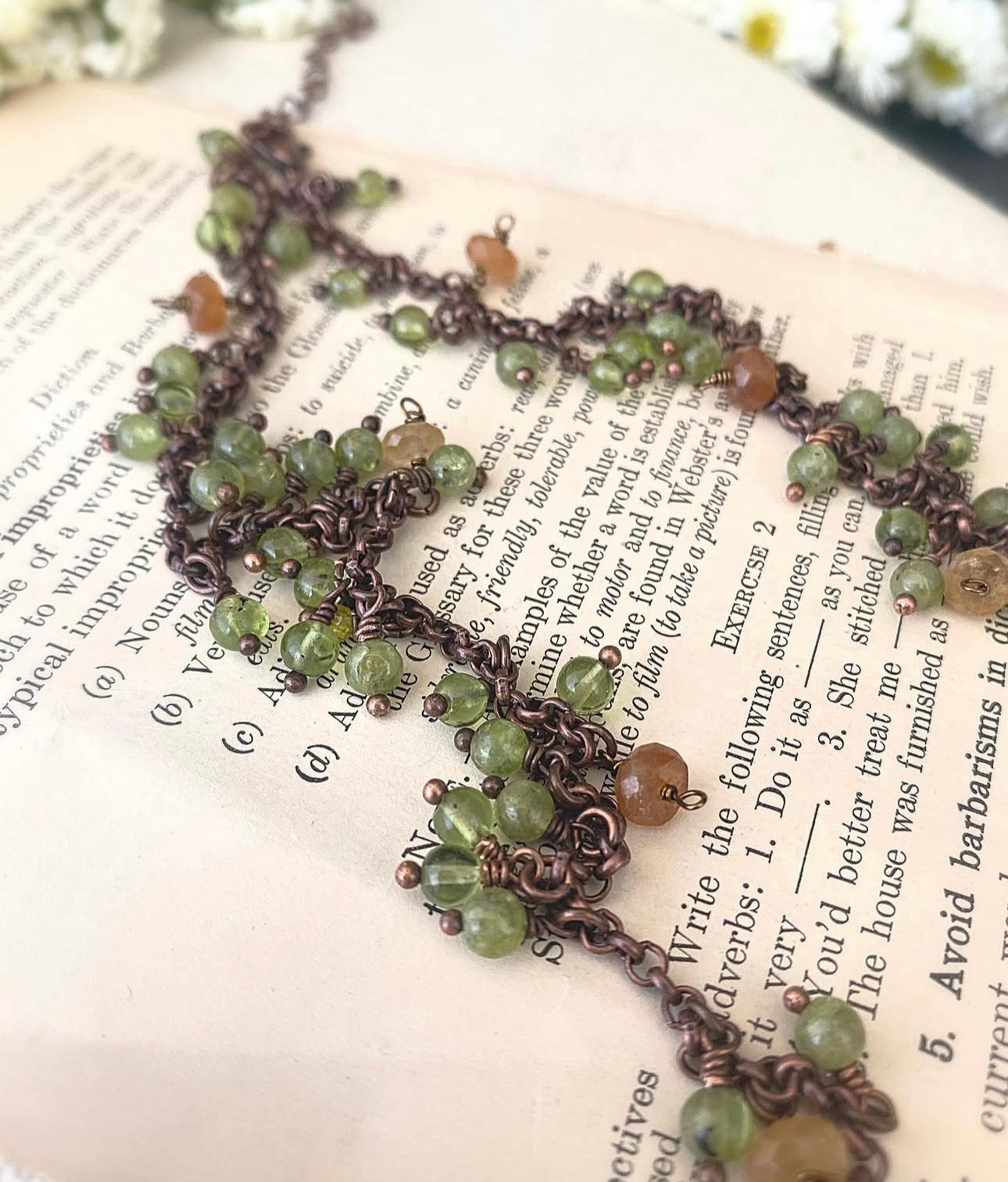Sunflower pendant, peridot stone, copper metal, necklace