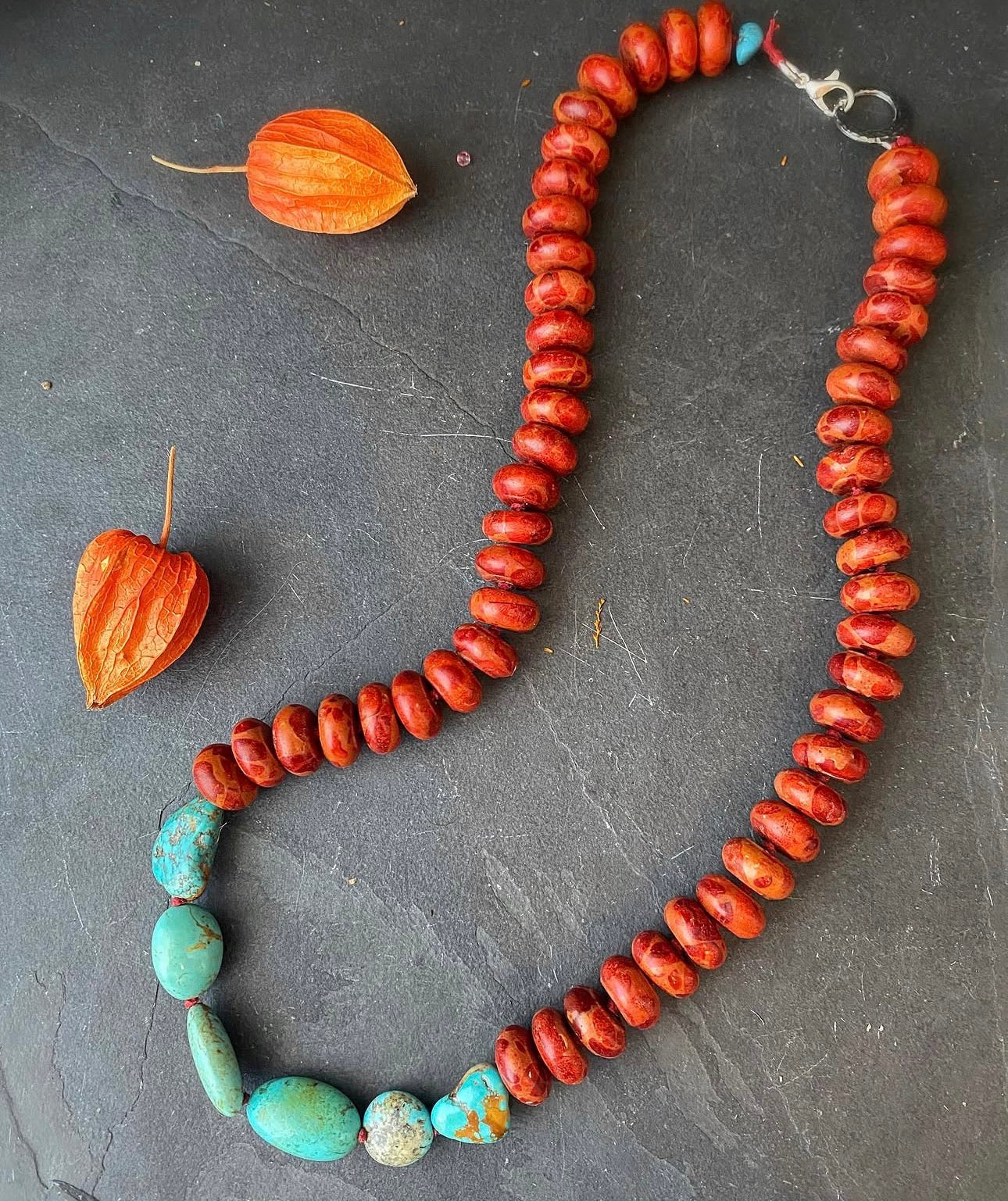 Kingman, turquoise, red sponge coral, knotted, necklace