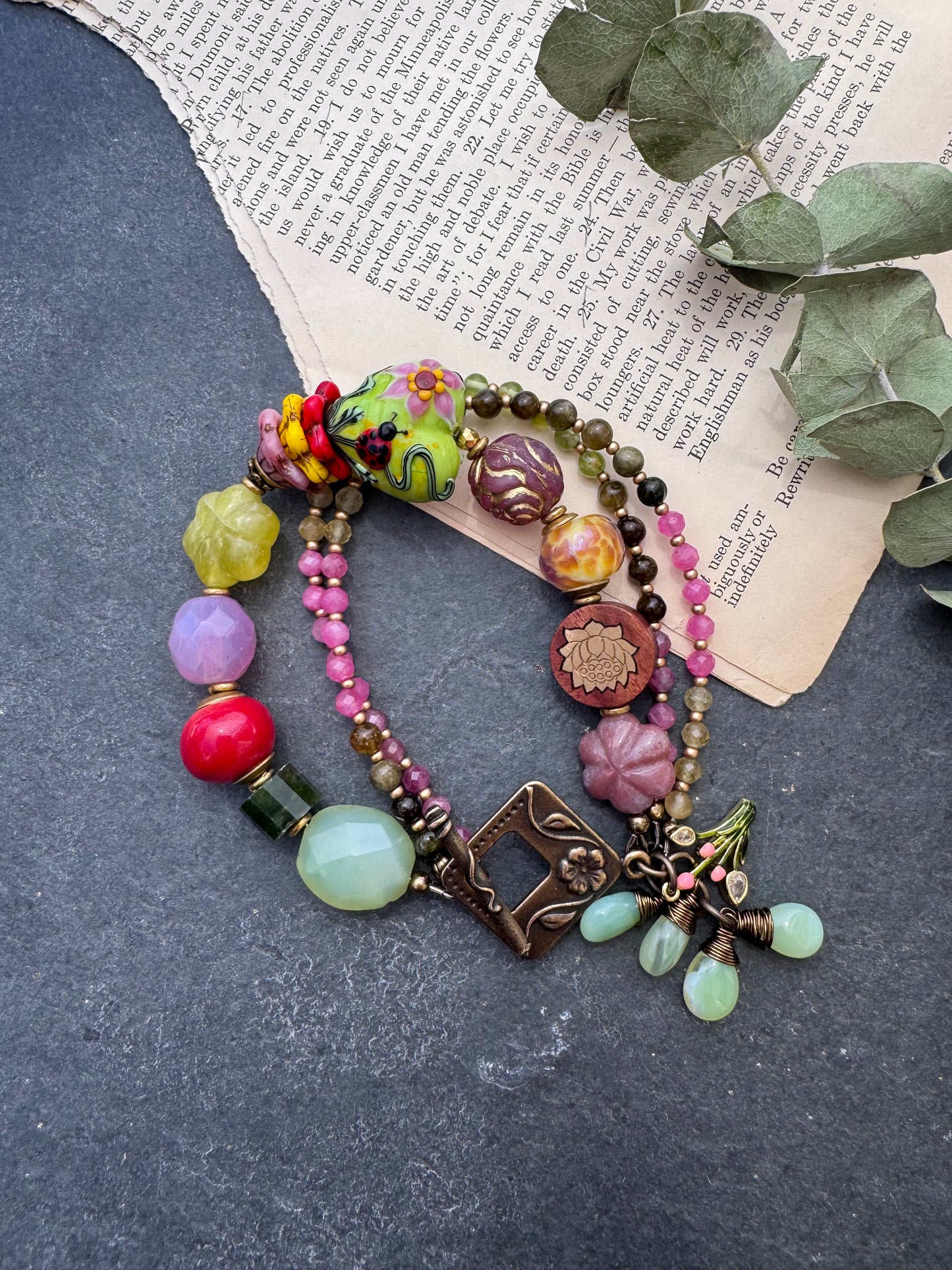 Lampwork glass,mixed stone, tourmaline, Czech glass, wood, bracelet.