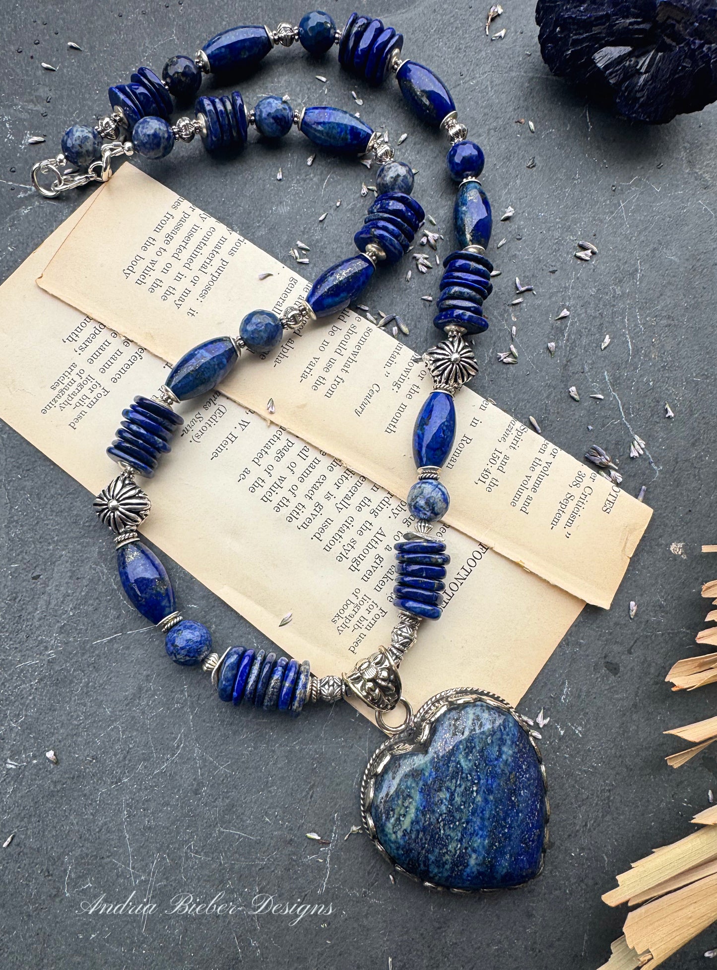 Lapis lazuli stone, lapis stone heart shaped pendant, silver metal. Chunky necklace. MTO.