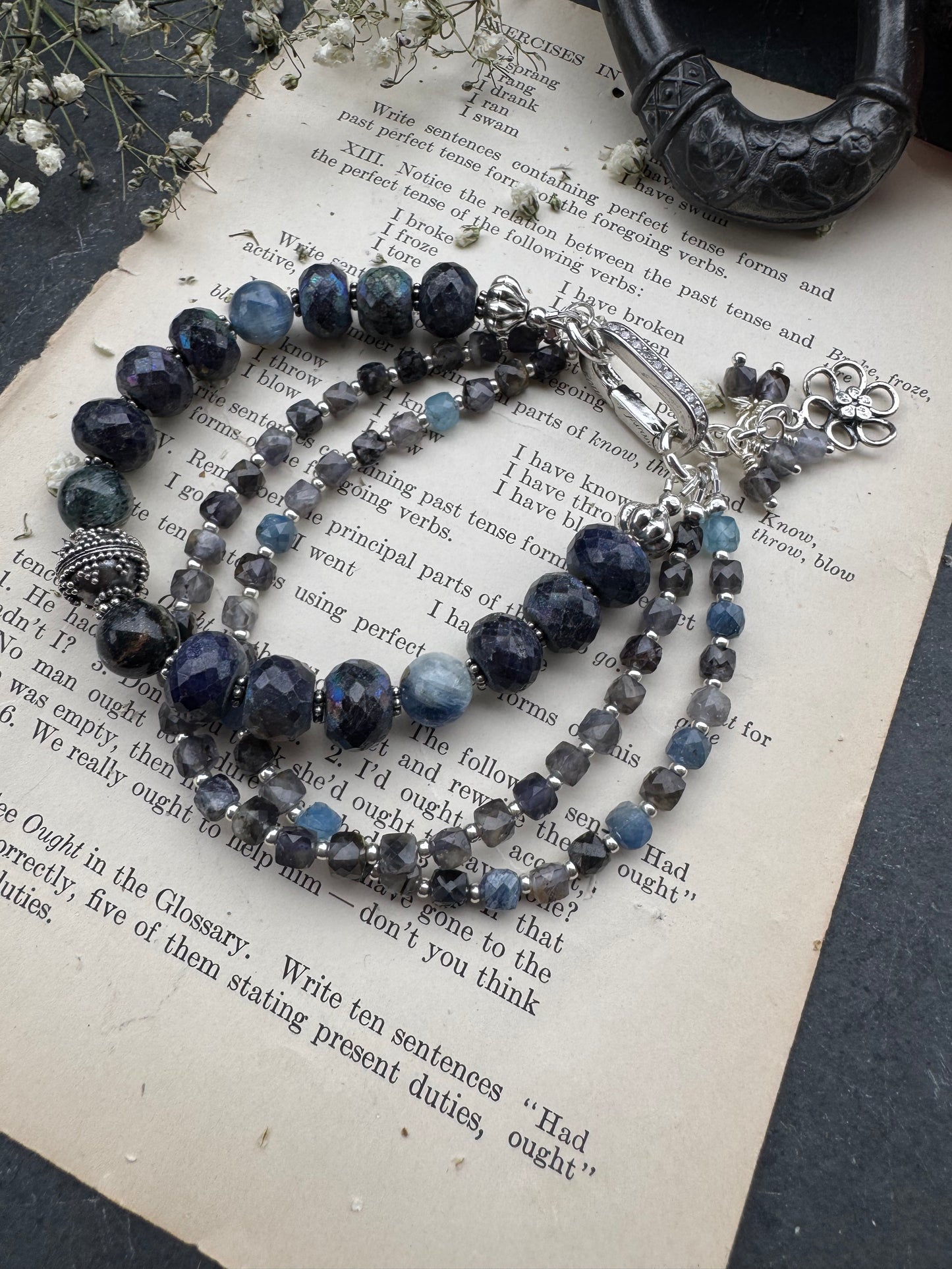 Iolite gemstone, kyanite gemstone and rhinestone, silver clasp, bracelet