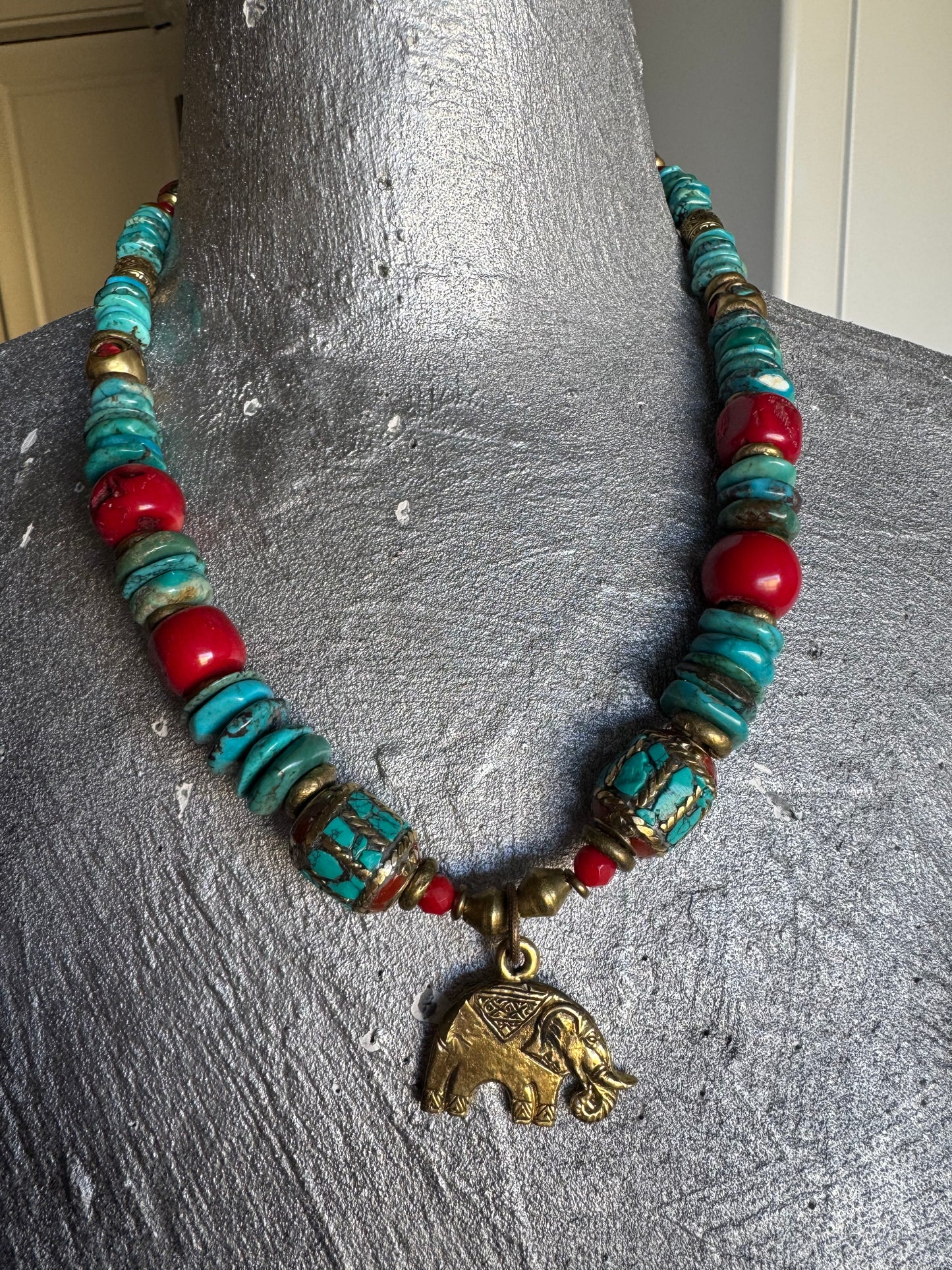 Turquoise stone, nepal inlaid beads, african brass, necklace, jewelry