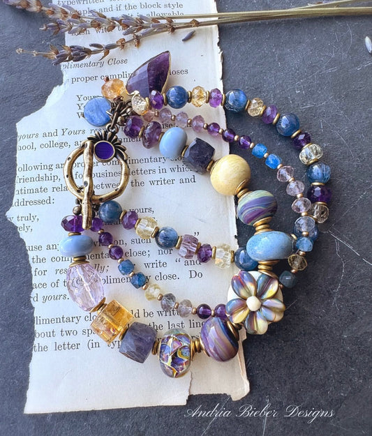 kyanite stone, amethyst stone, citrine, fluorite stone, blue opal and brass metal, bracelet