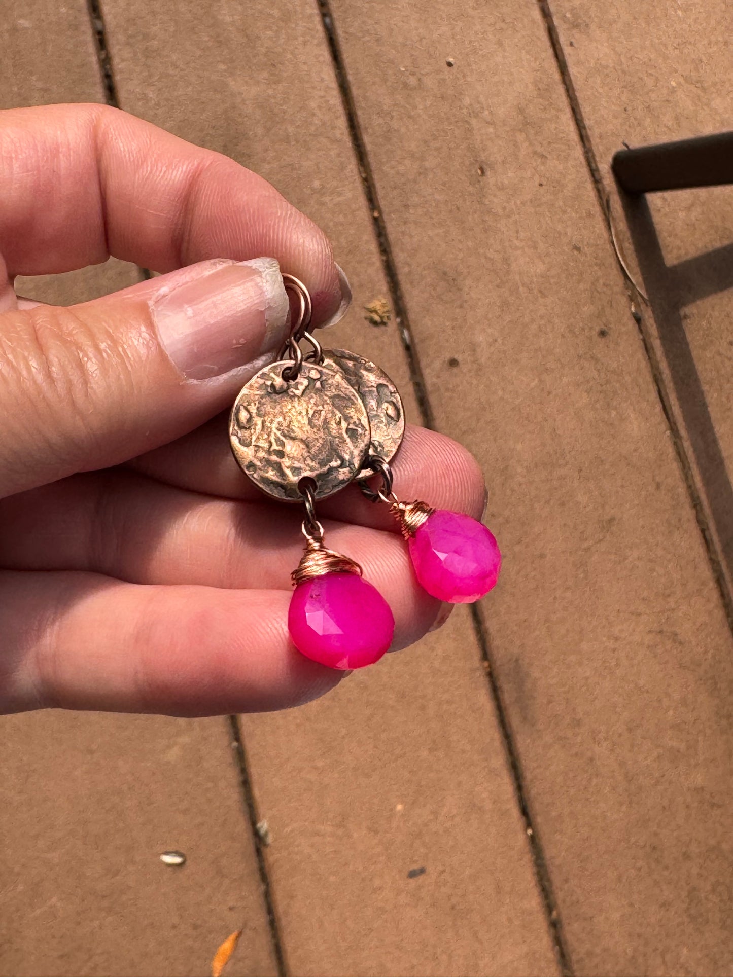 Pink stone, copper metal, earrings