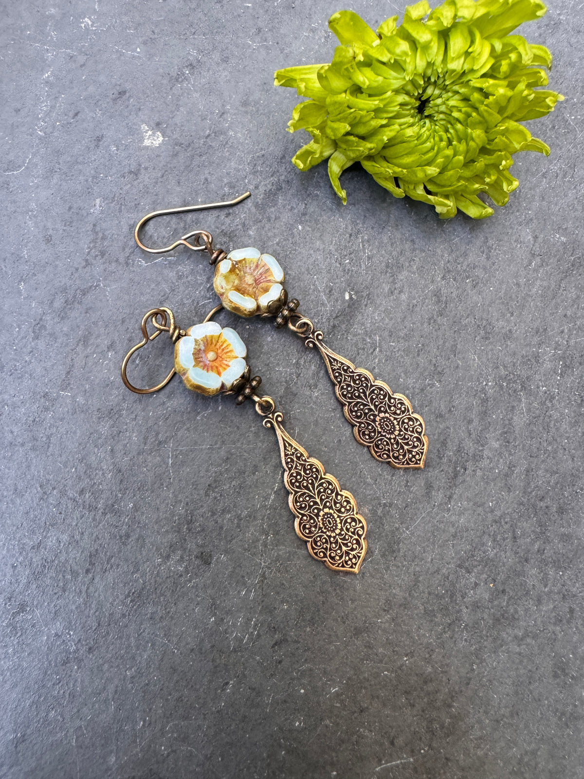 Czech glass blue flowers, brass filigree metal, earrings