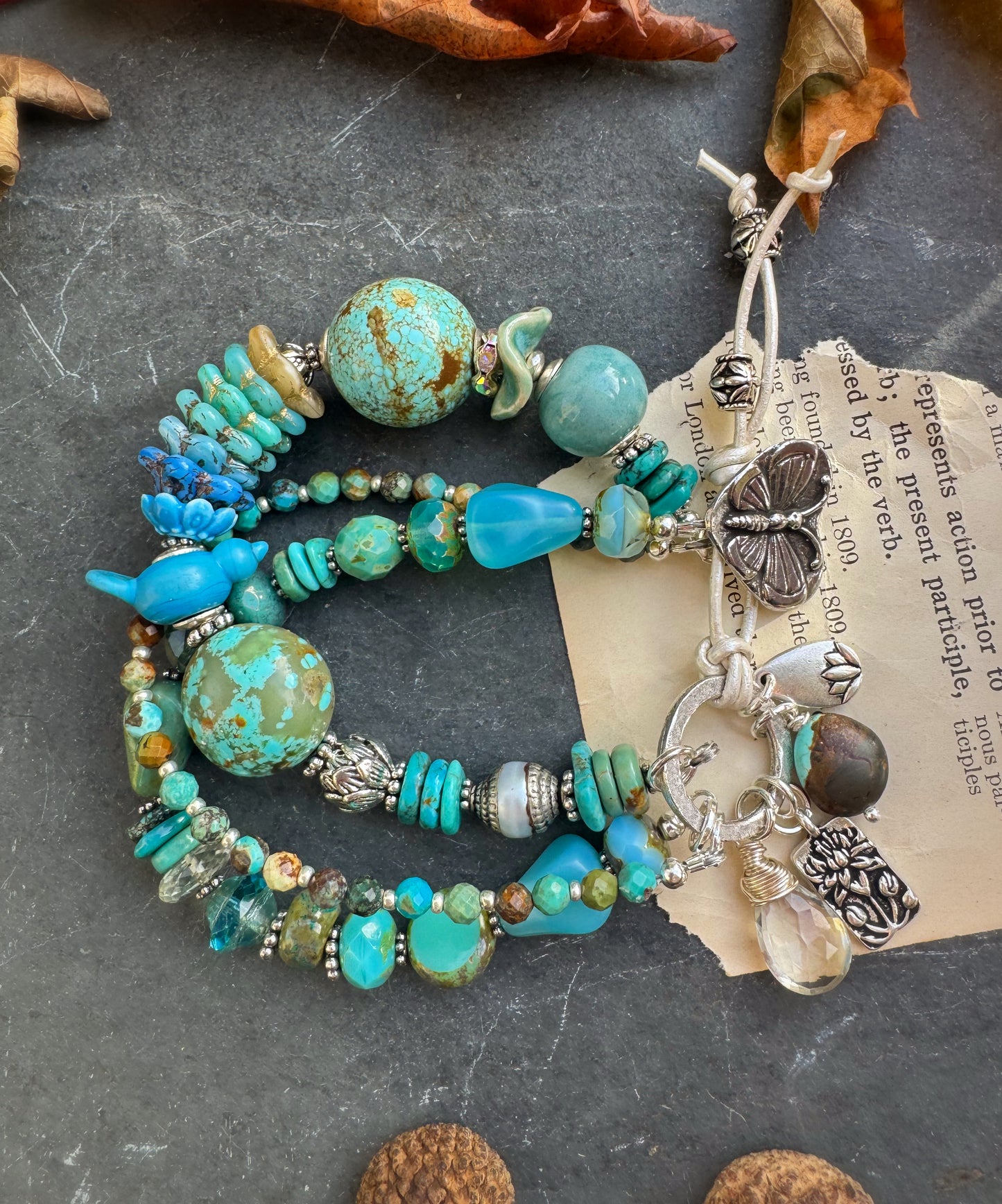 Kingman turquoise, Czech glass, ceramic, Butterfly button, silver metal, bracelet