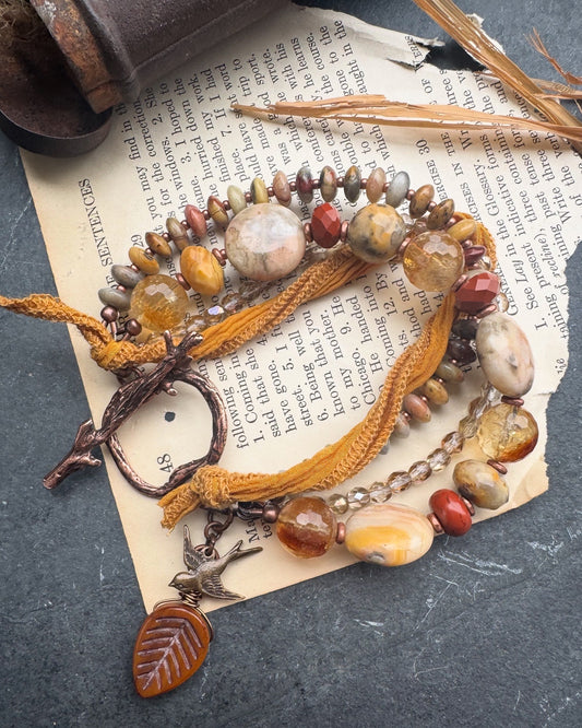 Red Jasper, crazy lace agate, citrine, silk ribbon, copper, crystal, bracelet.