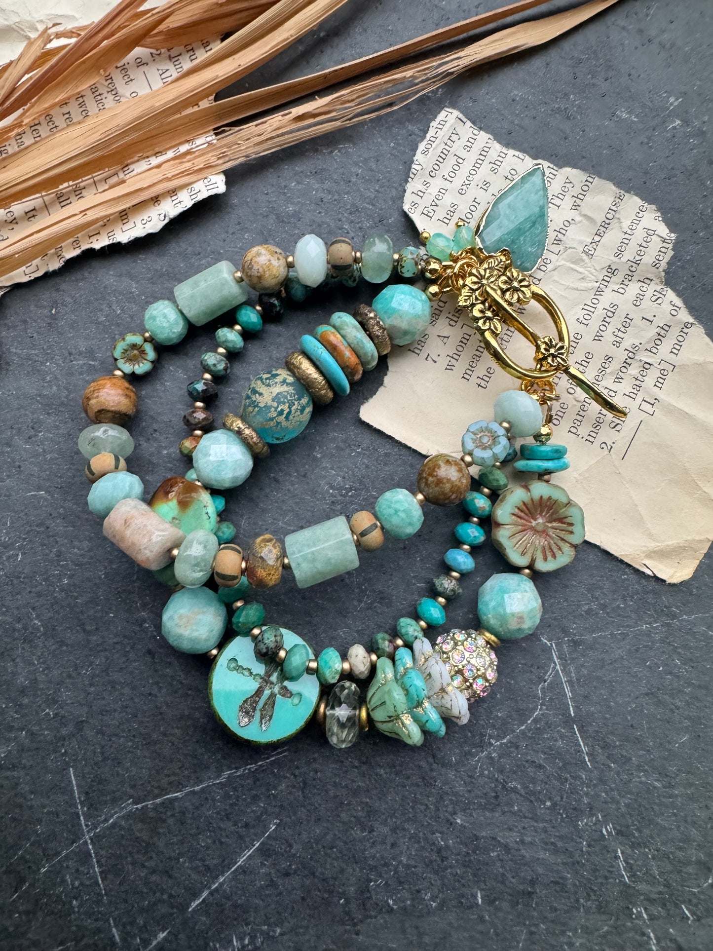 Turquoise (kingman) stone, czech glass, Amazonite, African brass, green amethyst, bracelet ￼￼